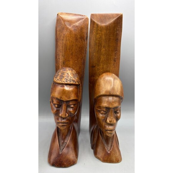 Vtg Hand‎ Carved Wooden Bookends Haiti Man Woman - Picture 2 of 7